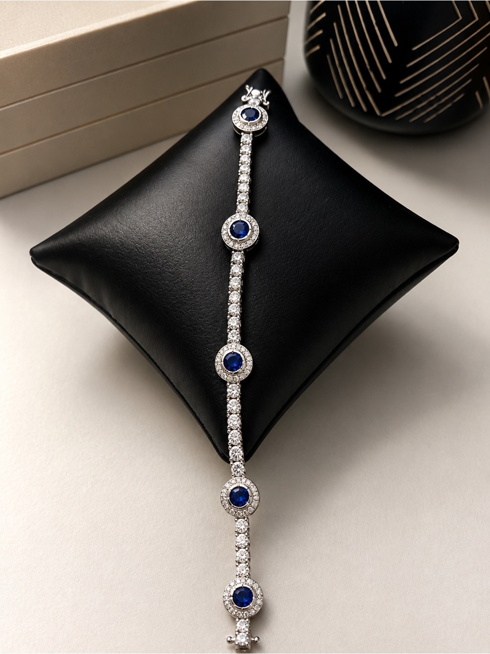 925 Sterling Silver Blue Sapphire wnd Cubic Zirconia Tennis Bracelet Size 7” - Picture 12 of 16